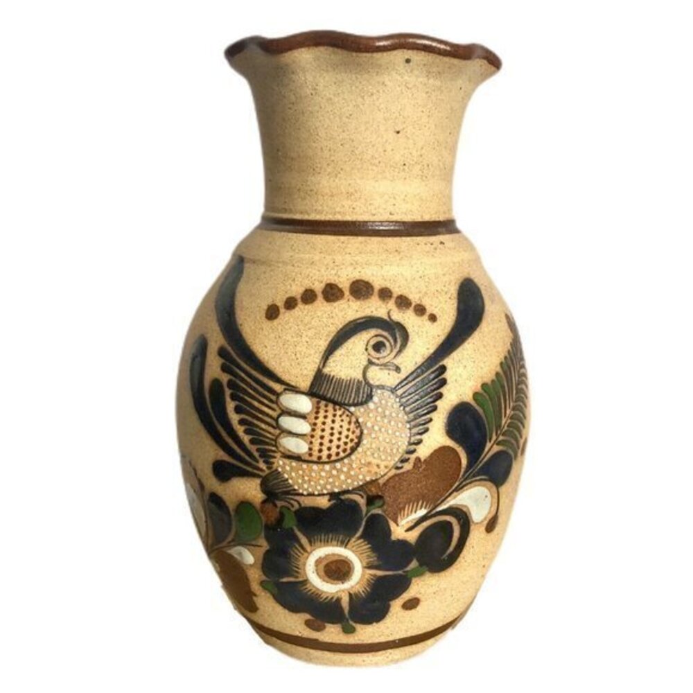 Folk Art Pottery Vase Tonala Bird And Flowers 8”T 3”W  Artist Signed